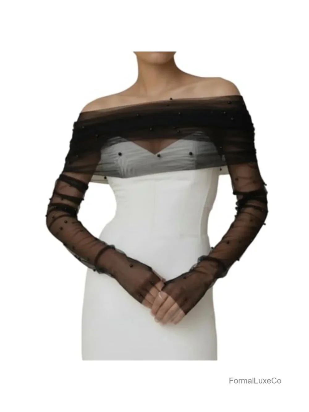 Off Shoulder Pearl Tulle Bridal Shawl w/ Sleeves Sheer Bolero Wrap